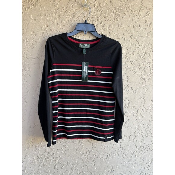 Lauren Ralph Lauren NWT Black w/ Red White Stripes LRL Crest  Womans Blouse Sz M - Picture 9 of 11